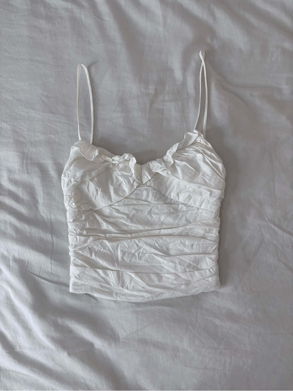 Zara White Ruffled Ruched Cami Top - Spaghetti Straps - Picture 2 of 5
